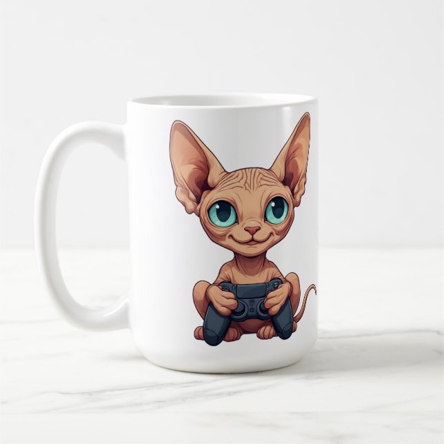 Sphynx-Katze hält Spielcontroller Kaffeetasse (Links)
