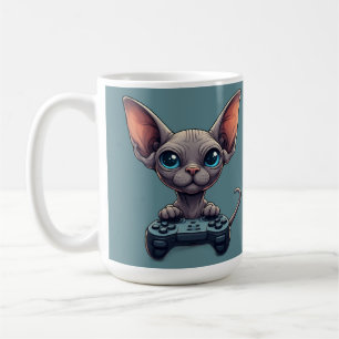 Sphynx-Katze hält Spielcontroller Kaffeetasse