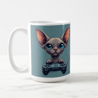 Sphynx-Katze hält Spielcontroller Kaffeetasse