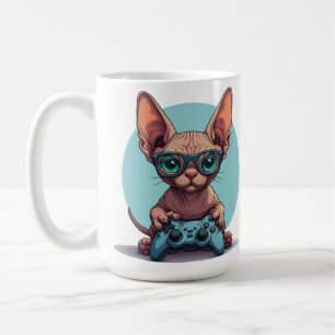 Sphynx-Katze hält Spielcontroller Kaffeetasse