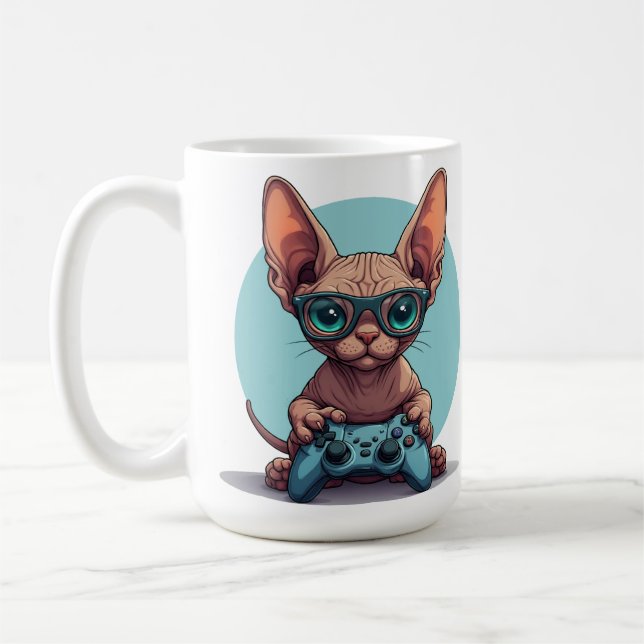 Sphynx-Katze hält Spielcontroller Kaffeetasse (Links)