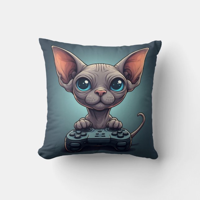 Sphynx-Katze hält Spielcontroller Kissen (Vorderseite)