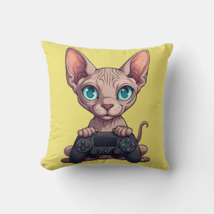 Sphynx-Katze hält Spielcontroller Kissen