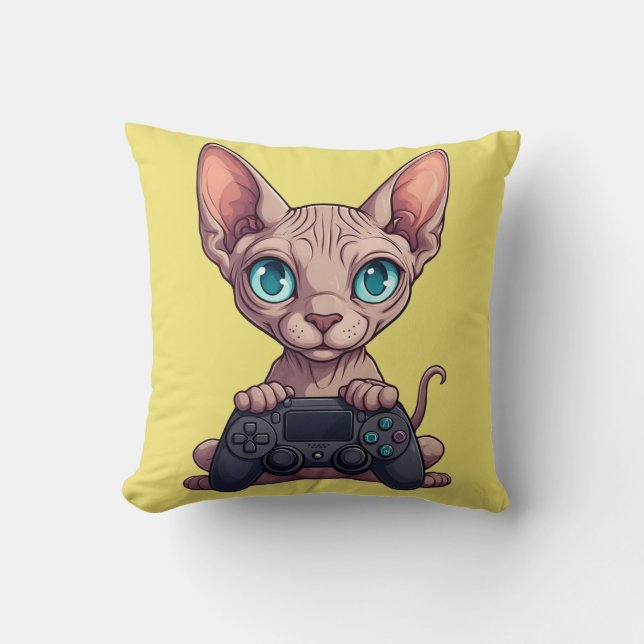 Sphynx-Katze hält Spielcontroller Kissen (Vorderseite)