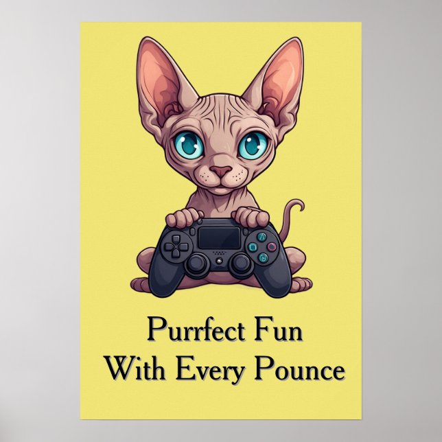Sphynx-Katze hält Spielcontroller Poster (Vorne)