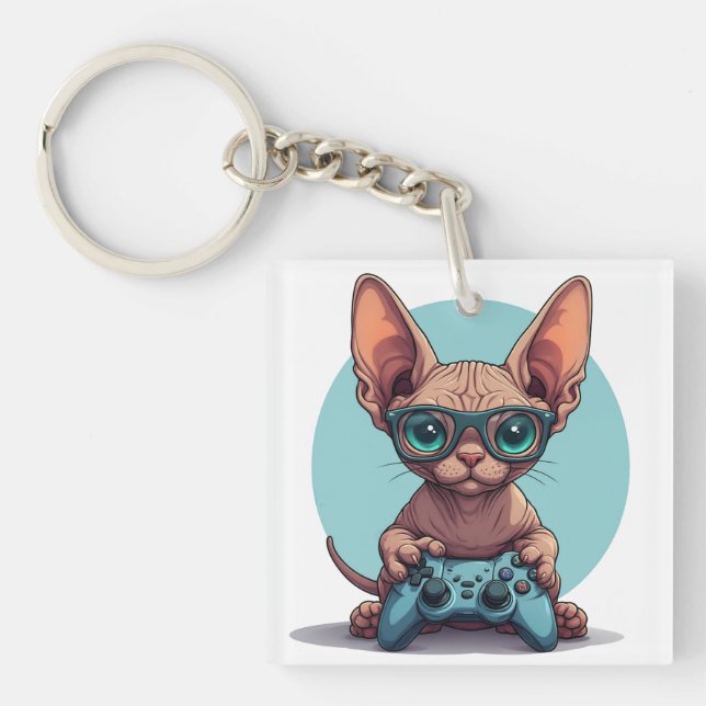 Sphynx-Katze hält Spielcontroller Schlüsselanhänger (Vorderseite)