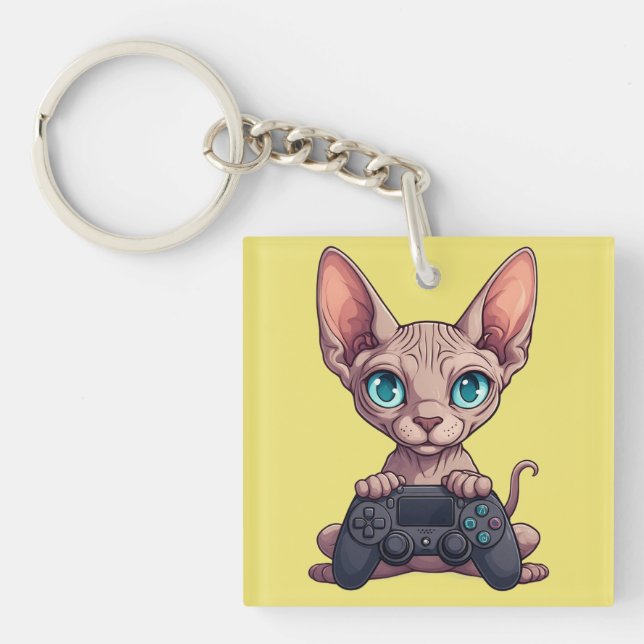 Sphynx-Katze hält Spielcontroller Schlüsselanhänger (Vorderseite)