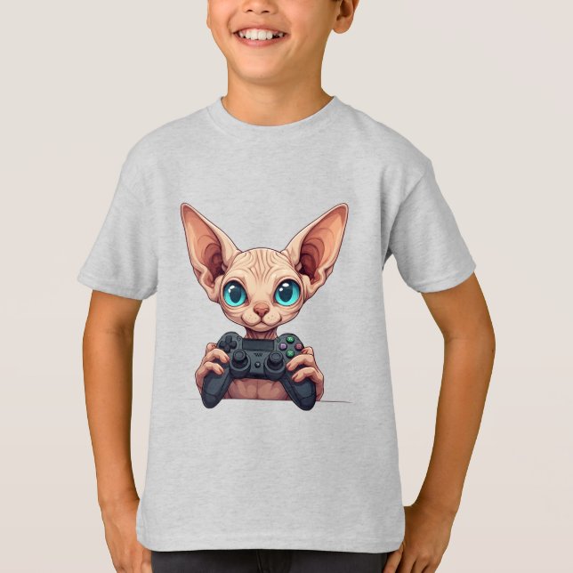 Sphynx-Katze hält Spielcontroller T-Shirt (Vorderseite)
