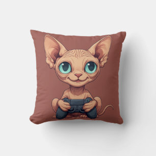 Sphynx-Katze hält Spielecontroller Kissen