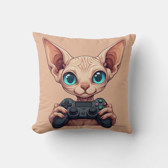 Sphynx-Katze hält Spielecontroller Kissen (Vorderseite)