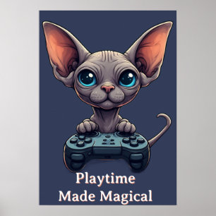 Sphynx-Katze hält Spielecontroller Poster