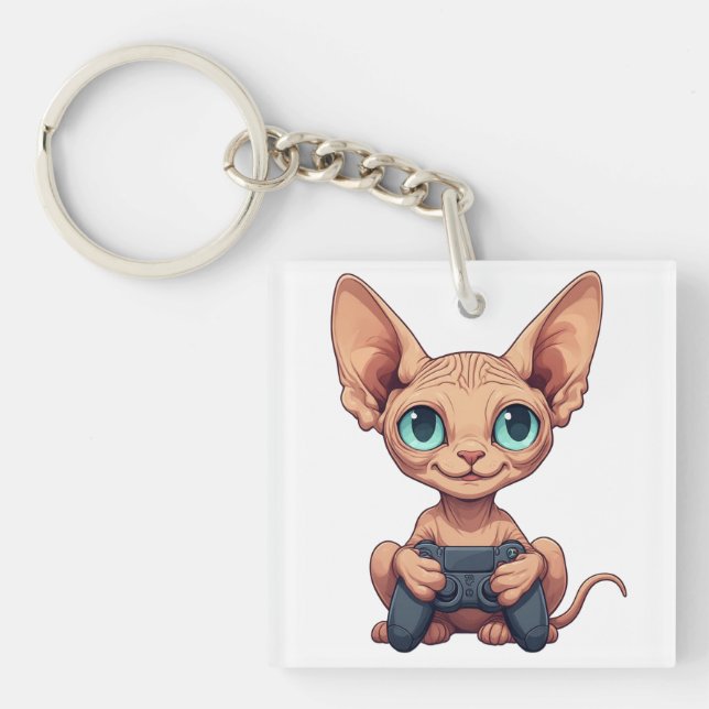Sphynx-Katze hält Spielecontroller Schlüsselanhänger (Vorderseite)