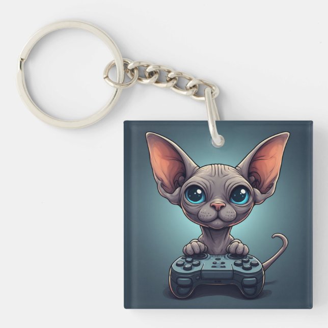 Sphynx-Katze hält Spielecontroller Schlüsselanhänger (Vorderseite)