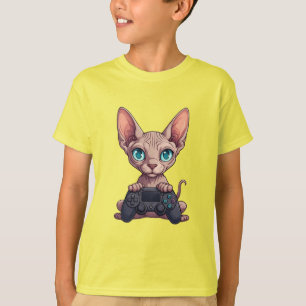 Sphynx-Katze hält Spielecontroller T-Shirt