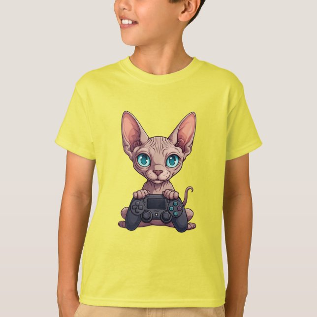Sphynx-Katze hält Spielecontroller T-Shirt (Vorderseite)