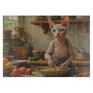 Sphynx-Katze kocht in der Küche Schneidebrett