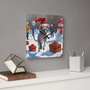Sphynx-Katze läuft im Schnee mit Weihnachtsmütze Quadratische Wanduhr