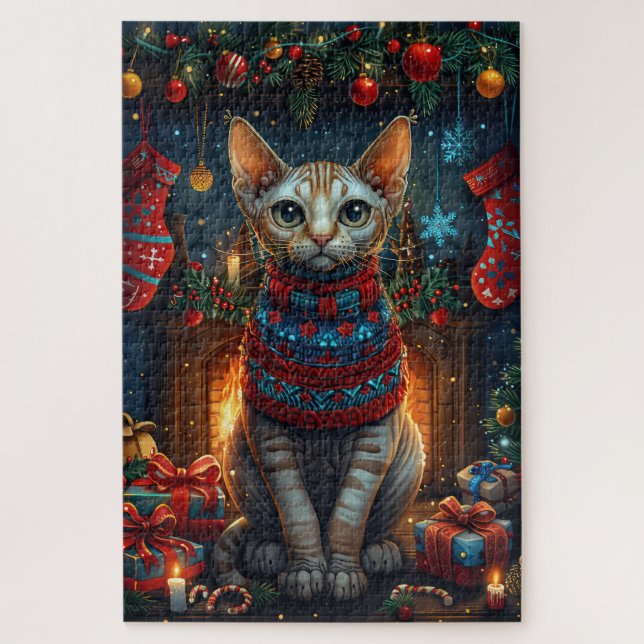 Sphynx Katze mit Weihnachtsgeschenken Feuerplatz (Vertikal)