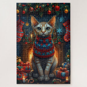 Sphynx-Katze mit Weihnachtsgeschenken Kamin