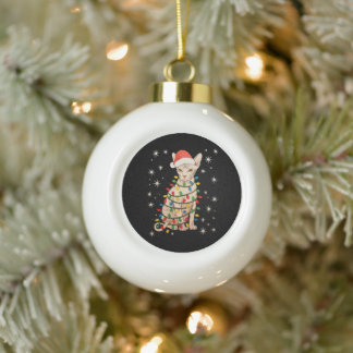 Sphynx-Katze Santa-Hut Weihnachtslichter Xmas-Fest Keramik Kugel-Ornament