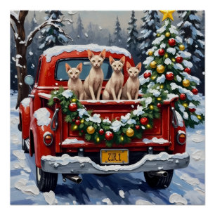 Sphynx-Katze Weihnachten Rotes Lastwagen Ferienzei Poster