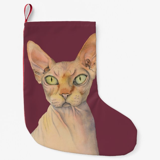 Sphynx Katzen-Aquarell-Porträt Kleiner Weihnachtsstrumpf (Vorderseite)