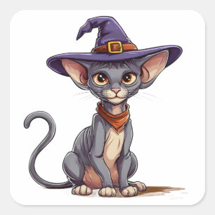 Sphynx-Katzen-Hexenhut Süß Halloween Haustierliebh Quadratischer Aufkleber