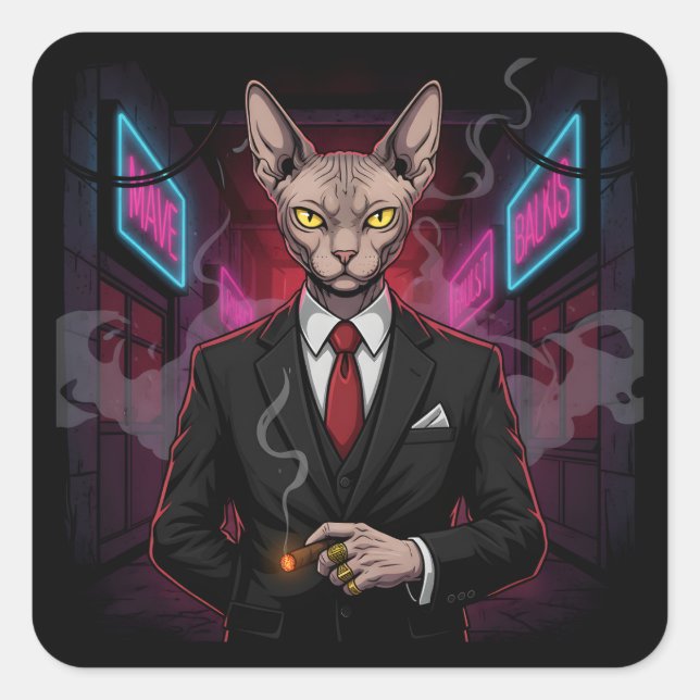 Sphynx Mafia Cat in Neon Noir Style Quadratischer Aufkleber (Vorderseite)