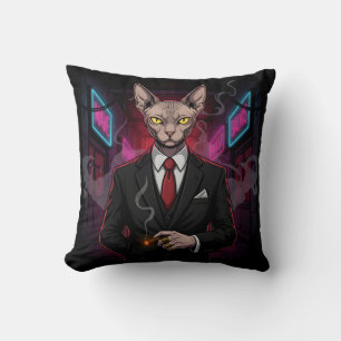 Sphynx-Mafia-Katze im Neon-Noir-Stil Kissen