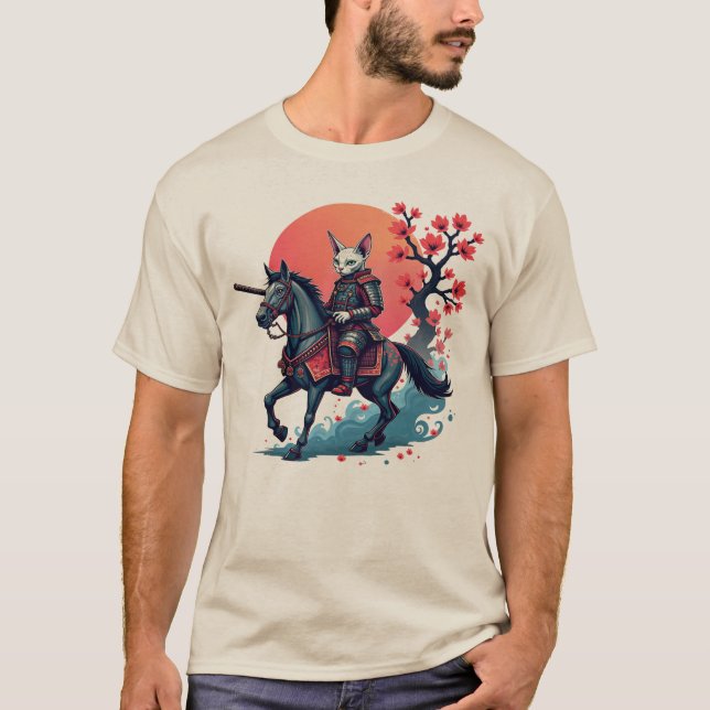 Sphynx Samurai Riding Horse - Cherry Blossom Japan T-Shirt (Vorderseite)