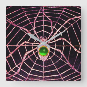 SPIDER AND WEB Emerald Green Gemstone Black Quadratische Wanduhr