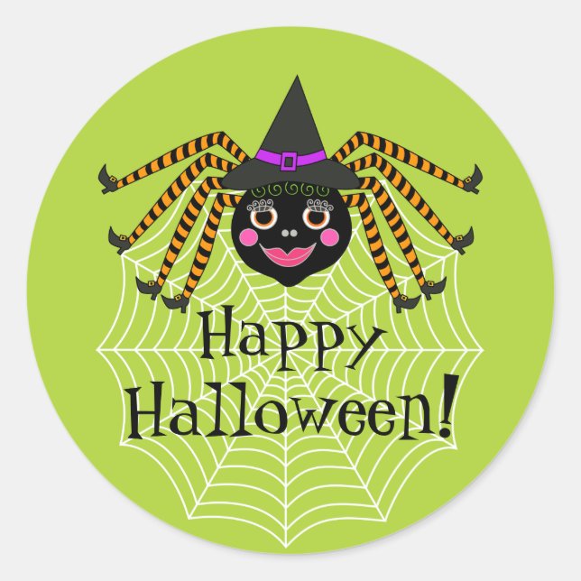 Spider Hexe Happy Halloween Runder Aufkleber (Vorderseite)