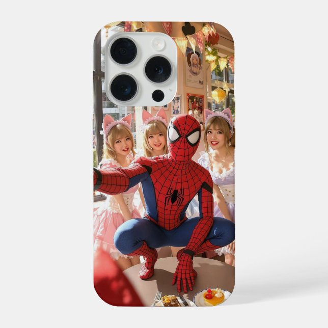Spider-man takes a selfie with cute japanese maids iPhone 15 pro hülle (Rückseite)