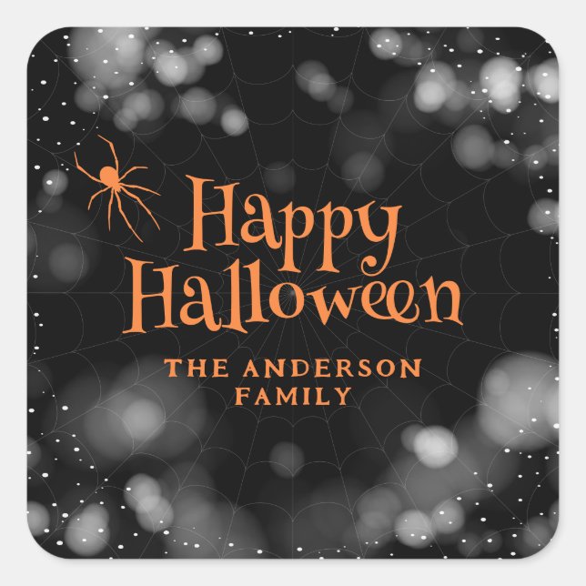 Spider on the Web Happy Halloween Quadratischer Aufkleber (Vorderseite)