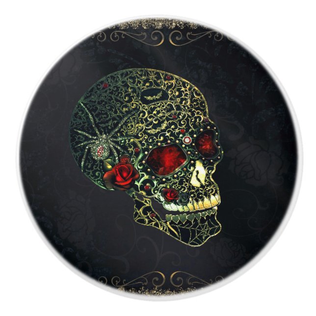 Spider Skull & Rose Glam Gothic Filigree Keramikknauf (Vorderseite)