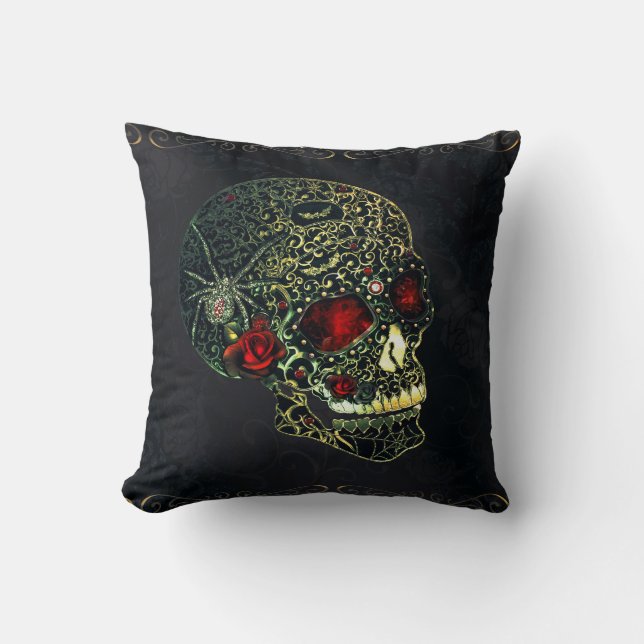 Spider Skull & Rose Glam Gothic Filigree Kissen (Vorderseite)