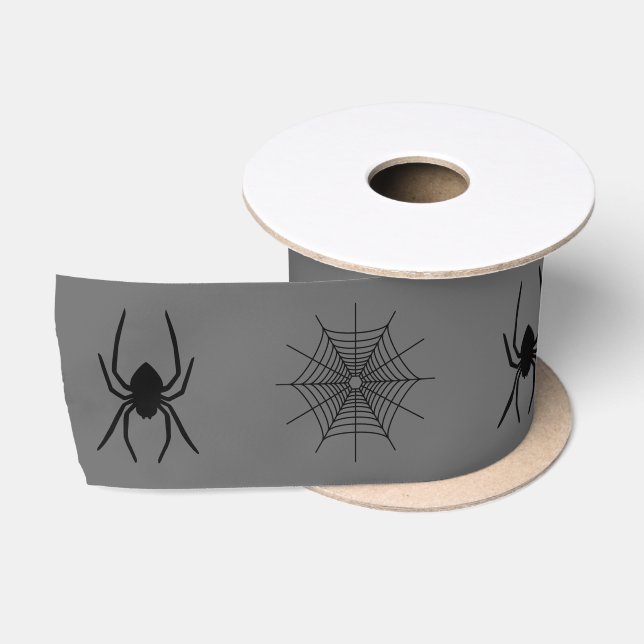 Spider- und Spinnwebformen auf grauem Halloween Satinband (Spule)