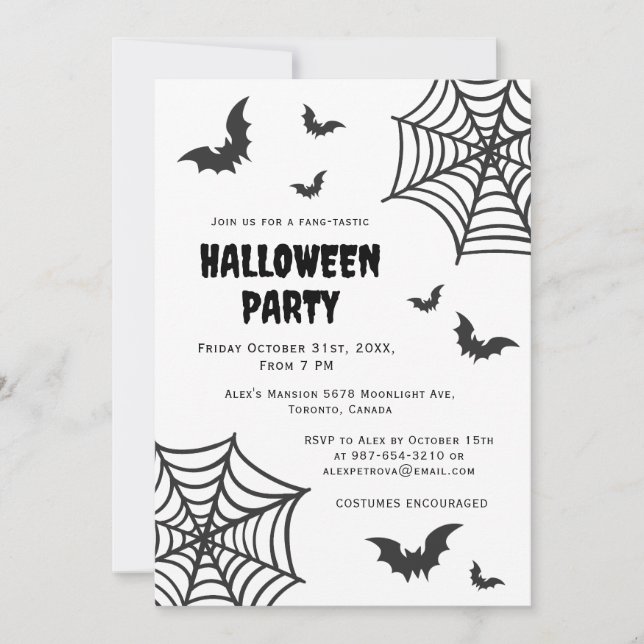 Spider Web Bat Spooky Schwarz-weißes Halloween-Par Einladung (Vorderseite)
