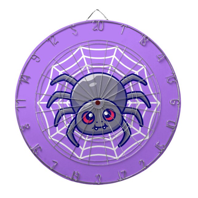 Spider Web Dart Board Dartscheibe (A playful animated spider spins in its web on a vibrant purple background. )