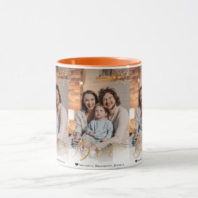 Spider web Hand Lettered Boo Halloween Foto Tasse (Zentrum)