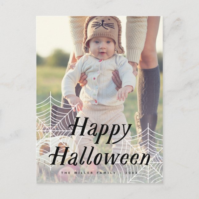 Spider Web Happy Halloween Foto Card Ankündigungspostkarte (Vorderseite)