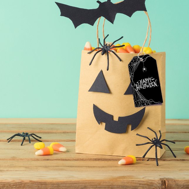 Spider Web Happy Halloween Personalisiert Danke Geschenkanhänger (Black and White Happy Halloween Thank You Gift Tags)