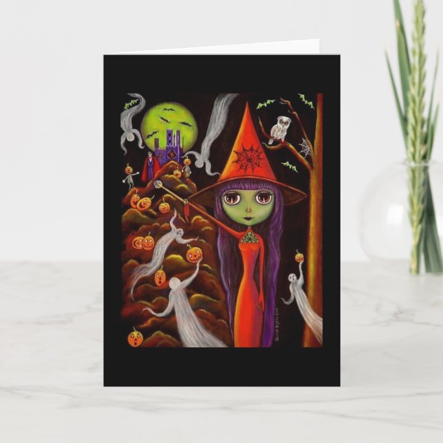 Spider Web Witch Ghosts Pumpkins Owl Halloween Art Karte (Vorderseite)