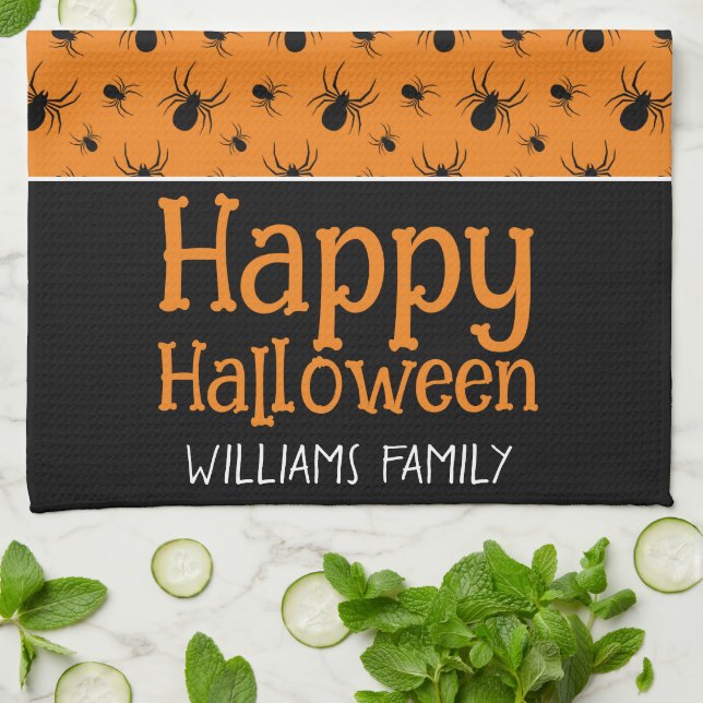 Spiders Happy Halloween Black Orange Individuelle  Geschirrtuch (Gefaltet)
