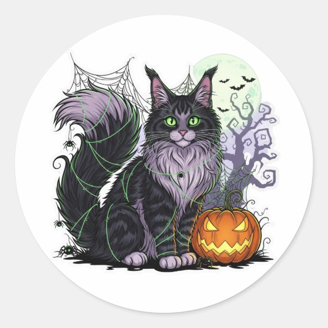 Spiderweb Coon - Maine Coon Halloween Runder Aufkleber (Vorderseite)