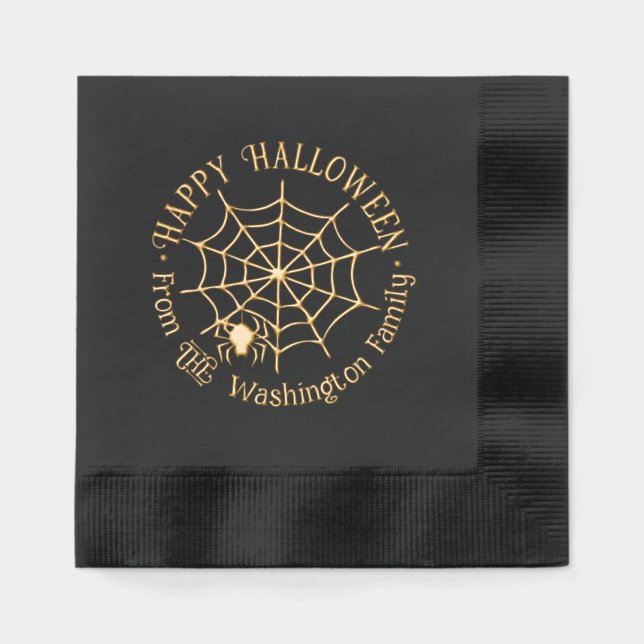 SpiderWeb & Hanging Spider Halloween Familienname Servietten Mit Folie (Vorderseite)