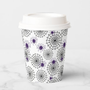 Spiderweb & Lila Spiders Halloween White Pattern Pappbecher