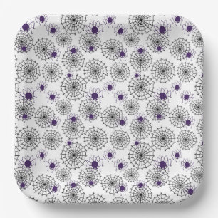Spiderweb & Lila Spiders Halloween White Pattern Pappteller