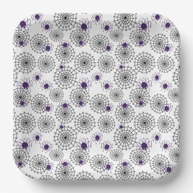 Spiderweb & Lila Spiders Halloween White Pattern Pappteller (Vorderseite)