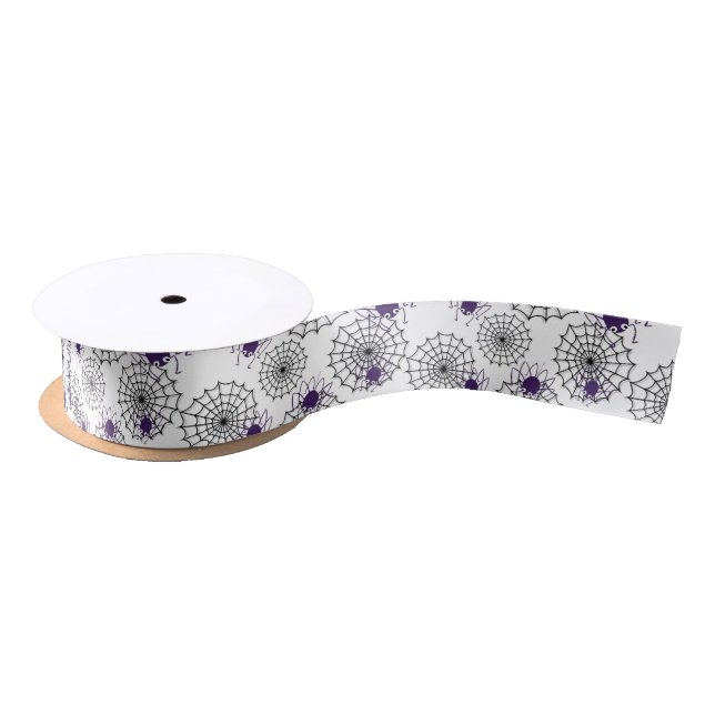 Spiderweb & Lila Spiders Halloween White Pattern Satinband (Spule)